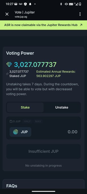 A screenshot of the Vote | Jupiter webpage showing a Voting Power of 3,027.077737 staked JUP, with 563.902297 JUP in estimated annual rewards, and Stake/Unstake options displaying 'Insufficient JUP'.