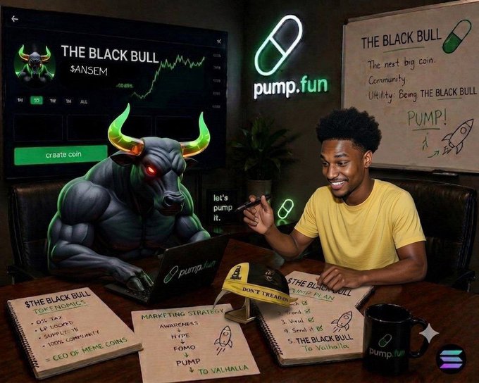 Two avatars, one of a muscular bull and the other of a man, sit at a round table surrounded by schematics and notes relating to "$ The Black Bull." The accompanying Trump warns to not to tread on $ The Black Bull as "the next big coin. Community. Utility: Being The Black Bull" and to "Don't Tread on Me" as Trump trudges over a picture of a bull.