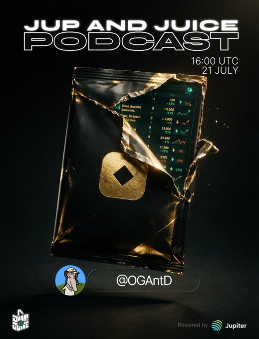 A promotional poster for the "Jup and Juice Podcast" airing at 16:00 UTC on 21 July, featuring a torn black foil pack revealing a Jupiter token against a backdrop of cryptocurrency price data, with the guest "@OGAntD" identified as the builder behind "@Rip_Index." The design visually ties into the episode's theme of onchain gacha mechanics and data-driven pulls, complementing the announcement's mention of free Jupiter Gacha pulls and the conversation about the card players are chasing.