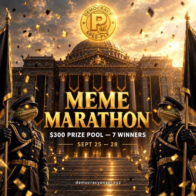 A promotional poster for 'MEME MARATHON' featuring two frog soldiers in uniform in front of a domed building, advertising a '$300 PRIZE POOL — 7 WINNERS' running 'SEPT 25 — 28' at 'democracyonsol.xyz'.