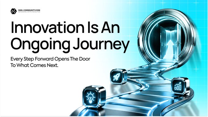 An inspirational graphic from NKN-COMMUNITY.COM featuring the text 'Innovation Is An Ongoing Journey' alongside futuristic imagery of a portal, lightbulb, and GOD cube.