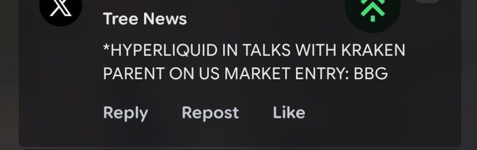 A social media post from "Tree News" on X (Twitter) reports that "*HYPERLIQUID IN TALKS WITH KRAKEN PARENT ON US MARKET ENTRY: BBG," aligning with the caption's "$INK" ticker reference to the potential Hyperliquid-Kraken partnership.