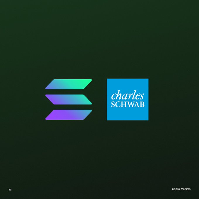 The image displays the Charles Schwab logo in its iconic blue square alongside the stylized "E" emblem on a dark green background, with "Capital Markets" labeled at the bottom. This branding accompanies the announcement that Charles Schwab is adding Solana (SOL) to Schwab Crypto, giving access to the cryptocurrency across its 39.9 million brokerage accounts holding $13.04 trillion in client assets.
