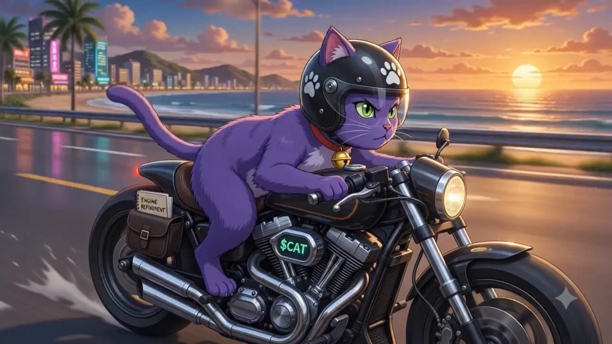The image features a cartoon cat riding a motorcycle down a road, with the sun setting behind them. The cat appears to be wearing a helmet for safety while enjoying its ride. The background of the image includes palm trees and buildings, creating an urban atmosphere around the scene. The caption at the bottom of the image reads "CA: EpACBEXZfsow1vKEwZUpyKTafYsUGrgEro2fEFZ4pump #CATCOIN #Solana #KeepGrinding #DiamondHands".