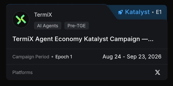 The image shows a Kaito Yaps campaign card for TermiX's "Agent Economy Catalyst Campaign — Epoch 1," tagged under "AI Agents" and "Pre-TGE," running from August 24 to September 23, 2026, on X (formerly Twitter) platform. This visual serves as a timely reminder that the 2-day countdown mentioned in the post corresponds to the campaign's end date of September 23, 2026, when TermiX will distribute 0.30% of its total token supply to participants.
