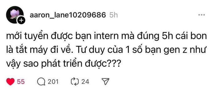 6: An Instagram post by user 'aaron__lane10209686' with 55 likes, containing Vietnamese text complaining about Gen Z interns quitting after 5 hours.