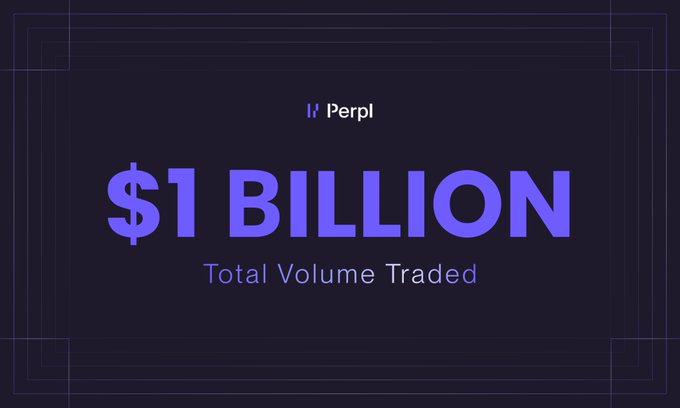 A promotional graphic for Perpl displaying '$1 BILLION Total Volume Traded' in purple text on a dark background.