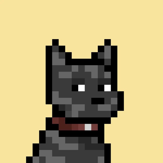 A pixel art image of a black cat-like creature with white eyes and a red mouth on a pale yellow background.