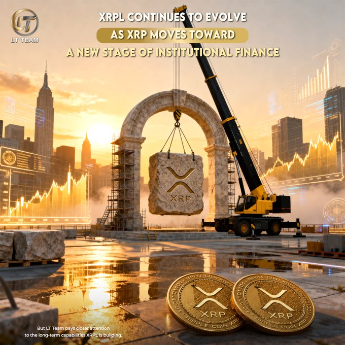 A promotional graphic from "LT Team" displays a construction crane lifting a stone block engraved with the XRP logo, with two golden XRP coins placed in the foreground against a city skyline backdrop. The headline reads "XRPL CONTINUES TO EVOLVE AS XRP MOVES TOWARD A NEW STAGE OF INSTITUTIONAL FINANCE," visually symbolizing the building and strengthening of institutional infrastructure for the XRP Ledger.