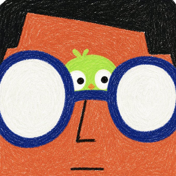 A hand-drawn illustration of a small green bird peeking out from between the large blue-rimmed circular glasses of an orange-skinned person.