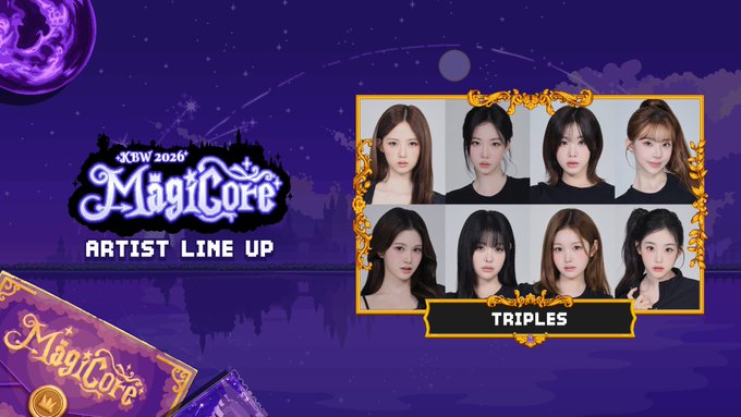 Event lineup graphic for 'JCGM 2026 MagiCore' featuring eight women labeled as 'TRIPLES' in an ornate golden frame against a purple night sky background.