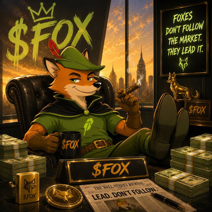 An illustrated anthropomorphic fox dressed as a Robin Hood-style trader, smoking a cigar labeled '$FOX', sitting in a leather chair with stacks of cash, a newspaper reading 'THE WALL STREET JOURNAL: LEAD, DON'T FOLLOW', and signs displaying '$FOX' and 'FOXES DON'T FOLLOW THE MARKET. THEY LEAD IT.'