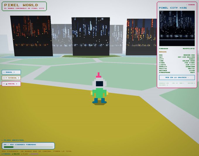 The image shows an interactive game called "Pixel World" with a character standing in front of buildings that are lit up at night, giving the impression of a city skyline. The game appears to be in beta testing mode, as indicated by the text on the screen. The main character is wearing a helmet and has a backpack, suggesting they might be an astronaut or explorer. The game's title "Pixel World" indicates it is designed for use with the Nintendo 3DS gaming console.
