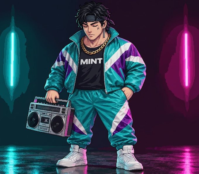An anime-style illustration features a young man in a teal, purple, and white tracksuit over a black 'MINT' t-shirt, holding a boombox against a neon-lit background with cyan and magenta lights.
