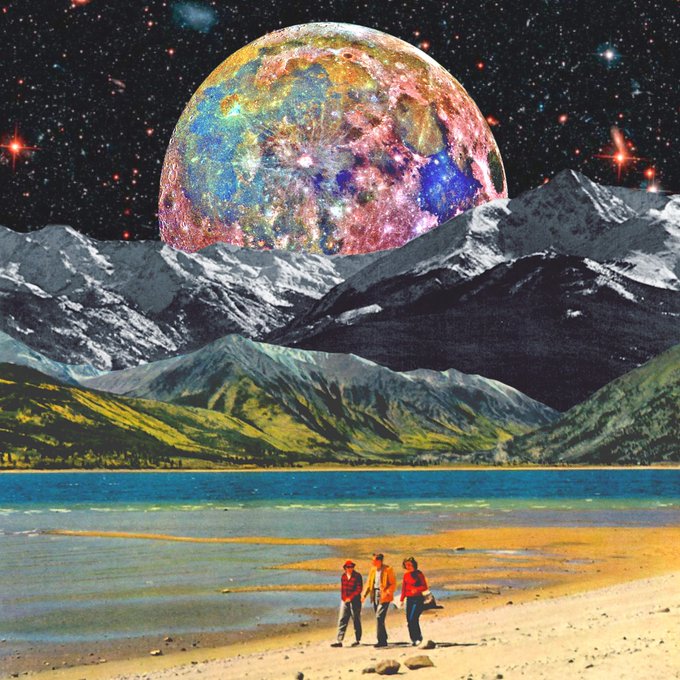 A surreal, vintage-style collage art piece showing three people standing on a beach, looking up at colorful mountains and a large, textured moon in a starry cosmic sky.