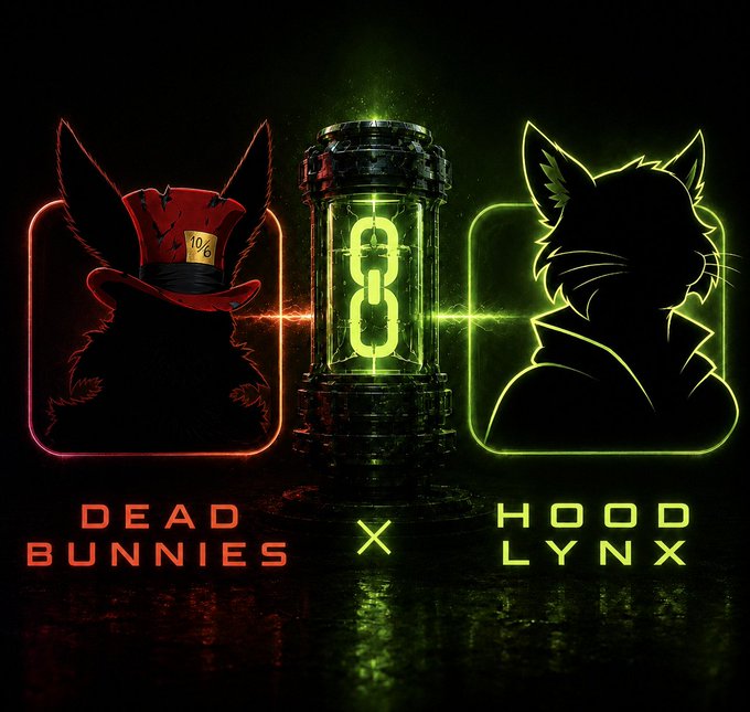 A neon-style graphic logo featuring a rabbit silhouette in a top hat on the left labeled 'DEAD BUNNIES' and a lynx silhouette on the right labeled 'HOOD LYNX', separated by a glowing green capsule.