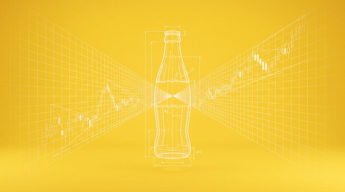 A wireframe sketch of a Coca-Cola bottle stands at the center of the image, overlaid with candlestick charts that recede into the distance against a yellow background, visually merging a traditional brand with financial market data. This illustrates the post's theme of convergence between traditional finance and crypto, framing Coca-Cola as a symbol of TradFi being charted into a new financial future.