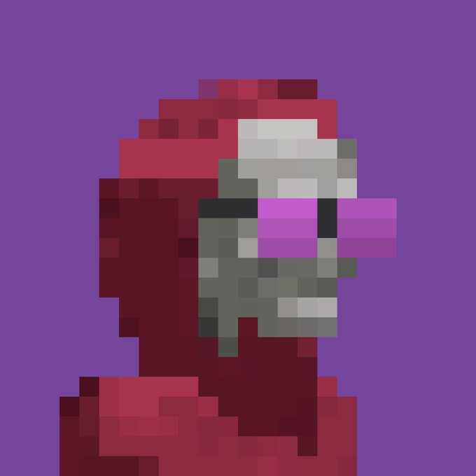 A pixel art portrait of a hooded figure wearing a skull-like mask with magenta-tinted eyes against a solid purple background.