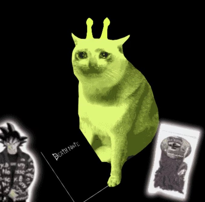 A glowing yellow-green cat wearing a crown sits atop a black surface next to a dark notebook labeled "Death Note," with another skull-adorned artwork visible to the side. The image humorously illustrates the buyer's regret over impulsively purchasing a quirky NFT for 0.169 ETH, capturing the "Death Note" moment of realizing their questionable investment decision.