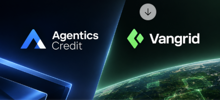 A promotional graphic displaying the logos of 'Agentics Credit' and 'Vangrid' side by side against a dark background featuring a stylized globe with glowing green network lines.