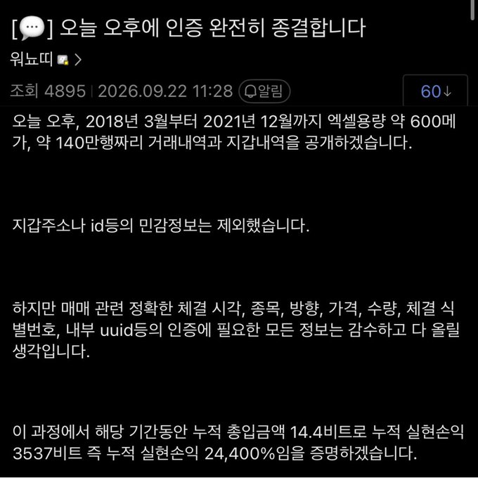 A Korean-language community post titled "[Today's afternoon, we will safely reorg]" from user 위뇨띠 announces an upcoming blockchain reorganization affecting roughly 600 accounts and 1.4 million transactions from March 2018 to December 2021, requesting affected users to submit precise deposit timestamps, currency types, amounts, and internal UUIDs. The post highlights a 24,400% return on a 14.4 BTC deposit that grew to 3,537 BTC, aligning with the caption's reference to "Wonhyotti's" revealed trading history and profits.