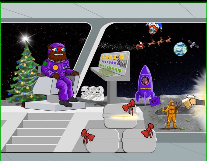 A furry alien astronaut sits at a spaceship control panel beside a Christmas tree, while on the moon's surface, a figure in an orange suit waves next to a purple rocket labeled "XRP" with a sign reading "XRP" nearby, alongside wrapped gifts and Santa's sleigh flying through space toward Earth. The whimsical scene ties to the post's speculation about a cryptic "BG Christmas Riddle" hinting at XRP's astronomical rise ("Moon in June, Fly in July") by 2027, with the festive space setting symbolizing the long-term accumulation strategy before an economic crash.