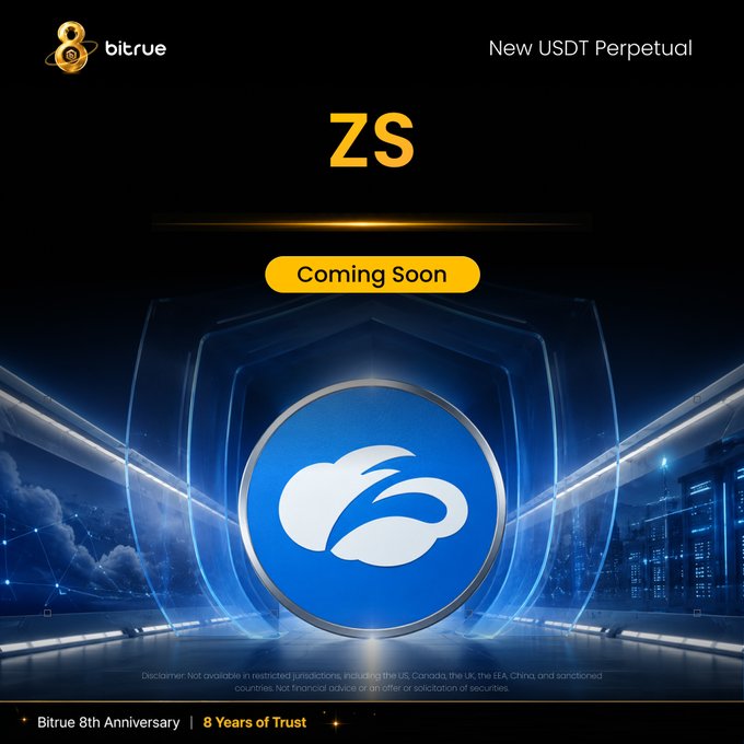 Bitrue announces the upcoming launch of ZSUSDT Perpetual Futures, tracking cloud cybersecurity company Zscaler ($ZS), with up to 10x leverage available starting September 4th, prominently displayed on a promotional graphic featuring the Bitrue logo, "ZS" ticker, and a "Coming Soon" banner alongside the platform's 8th anniversary branding.