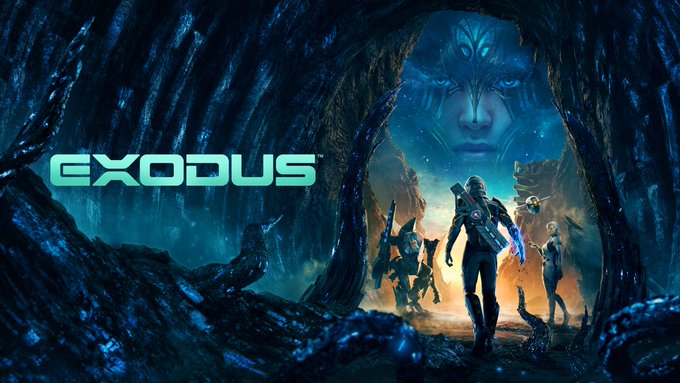 Promotional art for the game 'EXODUS', showing a futuristic armored character standing in a dark, organic-looking cavern with a large alien face looming in the background.