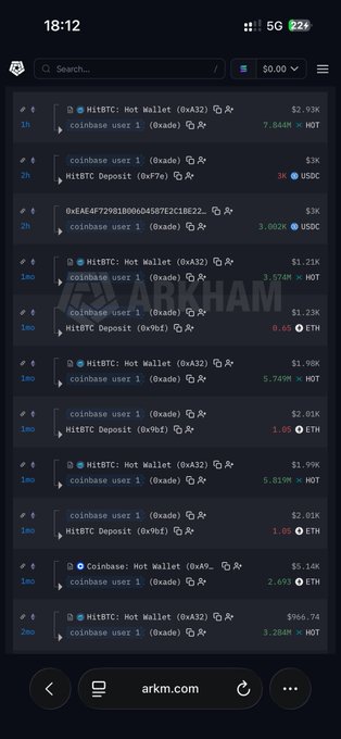A mobile screenshot of the Arkham interface showing a list of transactions and wallet activities, including HitBTC hot wallet, Coinbase user 1, and various deposits in currencies like USDC, HOT, and ETH.