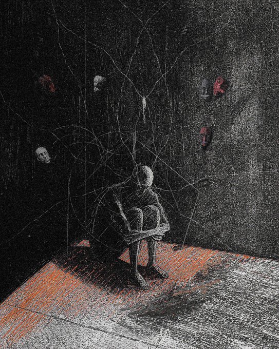 A haunting, dark illustration depicts a skeletal, seated figure in a shadowy room with a scratched floor, surrounded by faint floating faces on the wall and a web of thin lines resembling cracks or branches.