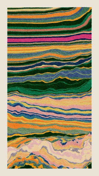 A colorful, textured artwork featuring horizontal wavy stripes in shades of green, orange, pink, yellow, and blue, resembling a vibrant landscape or abstract pattern.