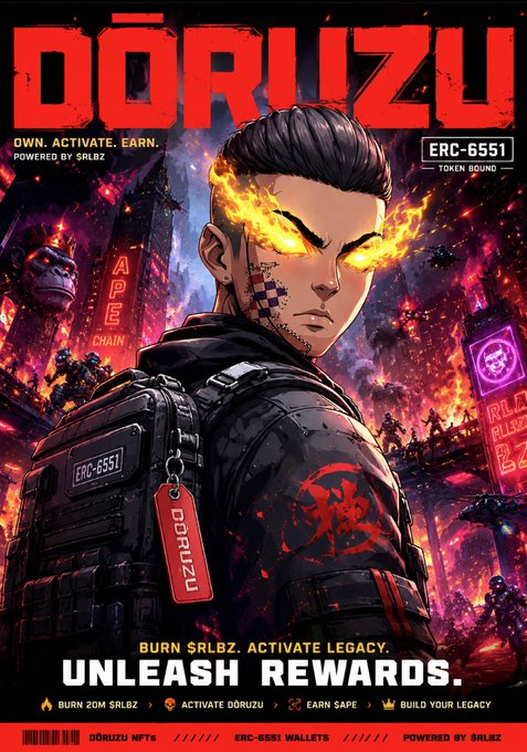 A promotional poster for 'DORŌZU' featuring a warrior character with glowing yellow eyes, advertising 'OWN. ACTIVATE. EARN. POWERED BY $RLBZ' with ERC-6551 token bound information and calls to 'BURN 20M $RLBZ' and 'EARN APE'.
