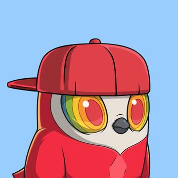 A cartoon-style owl wearing a red baseball cap backward, with large glowing yellow eyes against a light blue background, representing the iconic Moonbirds NFT collection avatar being acquired for the first time.