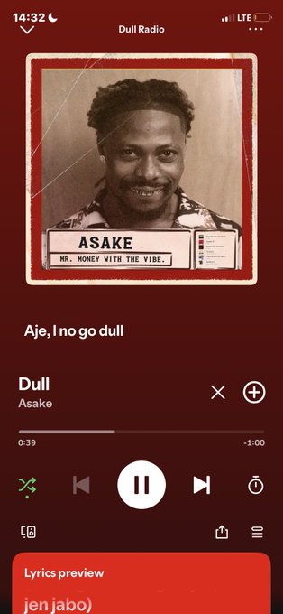 A Spotify-style music player screen shows the song 'Dull' by Asake playing on 'Dull Radio,' with a lyrics preview of 'jeni jabo.'