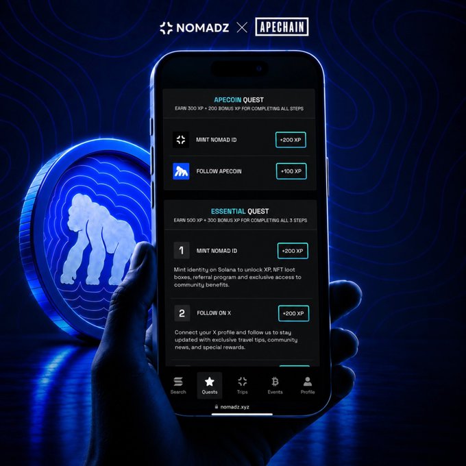A hand holds a smartphone displaying the NOMADZ × APECHAIN app interface, featuring an "APECOIN QUEST" with steps like "MINT NOMAD ID" (+200 XP) and "FOLLOW APECOIN" (+100 XP), plus an "ESSENTIAL QUEST" offering 500 XP for completing all steps, set against a blue background with a glowing ape coin. The image directly illustrates the promotion's call to action, showing users the exact tasks needed to earn XP rewards that unlock hotel booking discounts with $APE on ApeChain.
