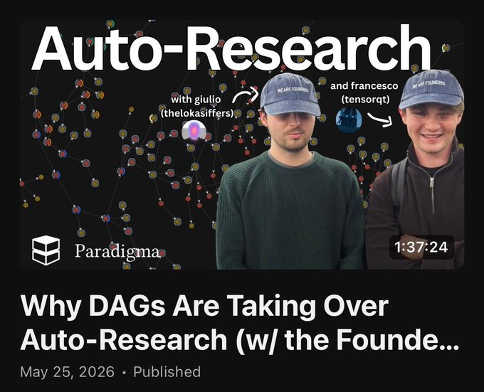 The image shows a poster or flyer featuring two men wearing baseball caps with the text "Auto-Research" and "Why DAGs Are Taking Over Auto-Research (with Paradigm)". The poster also includes an interview with the co-founders of Paradigm, who are discussing the benefits of using DAG as the underlying infrastructure for research.