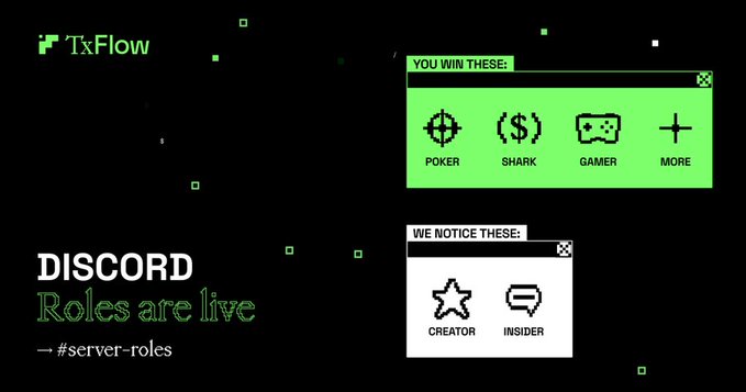 A promotional graphic for TxFlow announces that 'DISCORD Roles are live' at #server-roles, showing green 'YOU WIN THESE' and white 'WE NOTICE THESE' badges for roles like Poker, Shark, Gamer, Creator, and Insider.