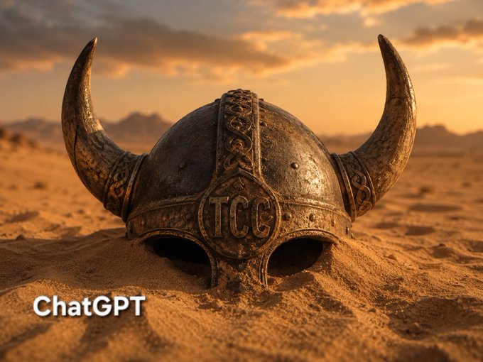A weathered Viking helmet with large horns and the letters "TCG" engraved on its front rests partially buried in desert sand at sunset. The image, labeled "ChatGPT," appears to showcase an AI-generated artwork being compared to another version for quality, fitting the post's question about which performed better.