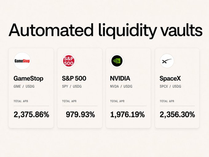 The image displays "Automated liquidity vaults" for four assets—GameStop (GME/USDG) with 2,375.86% APR, S&P 500 (SPY/USDG) with 979.93% APR, NVIDIA (NVDA/USDG) with 1,976.19% APR, and SpaceX (SPCX/USDG) with 2,356.30% APR. It showcases the high-yield liquidity offerings that support the "$EARN ascend" narrative by demonstrating substantial APRs for major assets on the green chain.