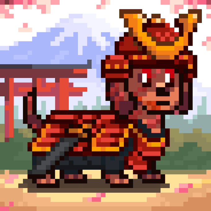 A pixel art illustration depicts an adorable Shiba Inu dog dressed in samurai-like red armor with golden horns, standing in front of a traditional Japanese torii gate, evoking the iconic Dogecoin meme style. This image appears to be associated with the cryptocurrency contract address (CA) 0x265f307c1bdbb6f5d4b174d47f363ef5837be98b, likely representing a meme coin or token project.