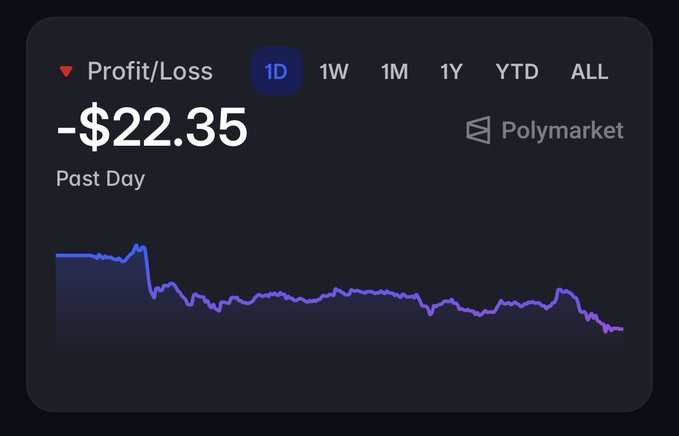 A financial dashboard showing a Profit/Loss of -$22.35 over the past day on Polymarket, with a line chart trending downward.