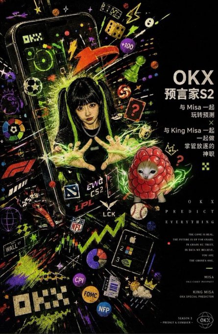 A vibrant promotional poster for 'OKX 预言家 S2' featuring an anime-style girl with green-streaked hair casting a spell alongside a cat wearing a pink brain-hat, surrounded by gaming and finance logos.