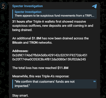 A Specter Investigation Telegram message reporting that 31 hours after Triple-A wallets first showed suspicious outflows, an additional $1.8M has been drained, bringing the total loss to $11.8M across Bitcoin and TRON networks.