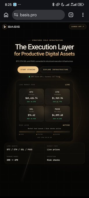 A mobile screenshot of basis.pro's website, titled 'The Execution Layer for Productive Digital Assets,' displaying live market fees for BTC ($65,426.74), ETH ($1,969.94), SOL ($76.62), and PAXG ($4,099.68).