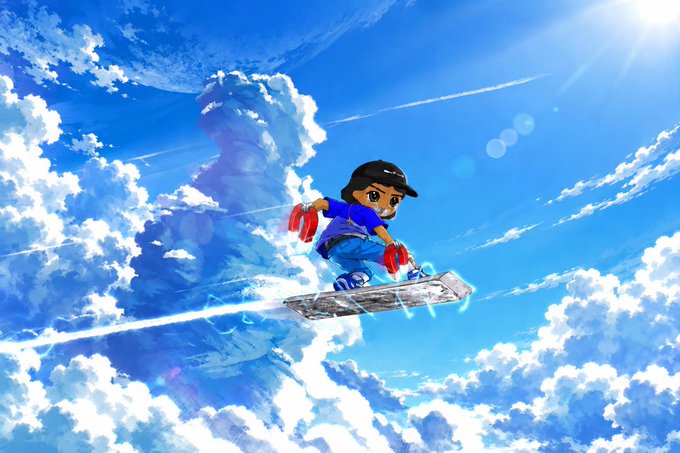 A video game character wearing a black cap, blue shirt, and red gloves surfs through a bright blue sky filled with fluffy clouds.