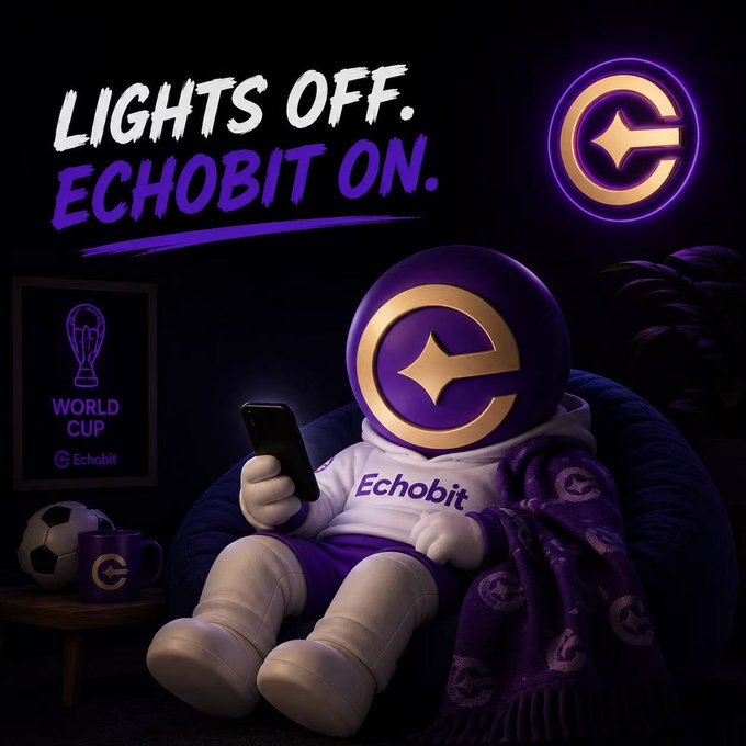 The image features an Echobit mascot relaxing in a beanbag chair with a phone, wearing a branded hoodie, alongside a soccer ball and World Cup poster, with the tagline "LIGHTS OFF. ECHOBIT ON." This playful scene captures the weekend vibe of chilling with football and crypto, perfectly matching the post's "Football. Echobit. Repeat." theme.