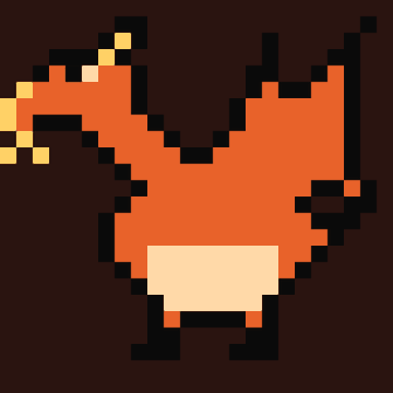 A pixel art image of Charmander from Pokémon, depicted with flames on its tail against a dark brown background.