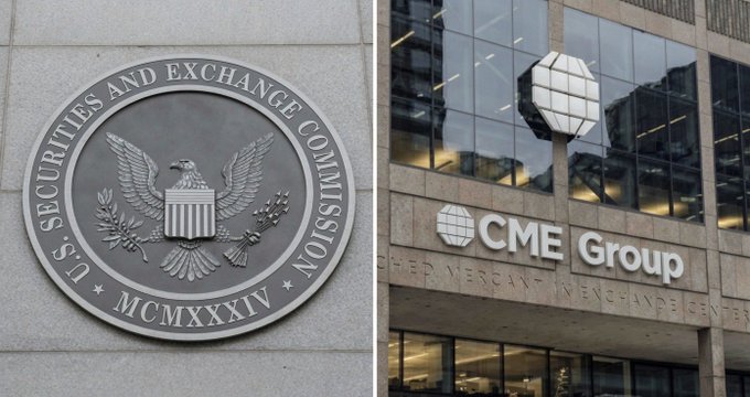 The image shows two side-by-side photographs: on the left, the official seal of the U.S. Securities and Exchange Commission (SEC) featuring an eagle and the Roman numerals "MCMXXXIV," and on the right, the exterior signage of CME Group at the "Hedging Mercantile Exchange Center" building.

The image visually represents the key players in the story—the SEC, which paused the Bitcoin options launch, and CME Group, a major derivatives exchange involved in the crypto options market regulated by the SEC.
