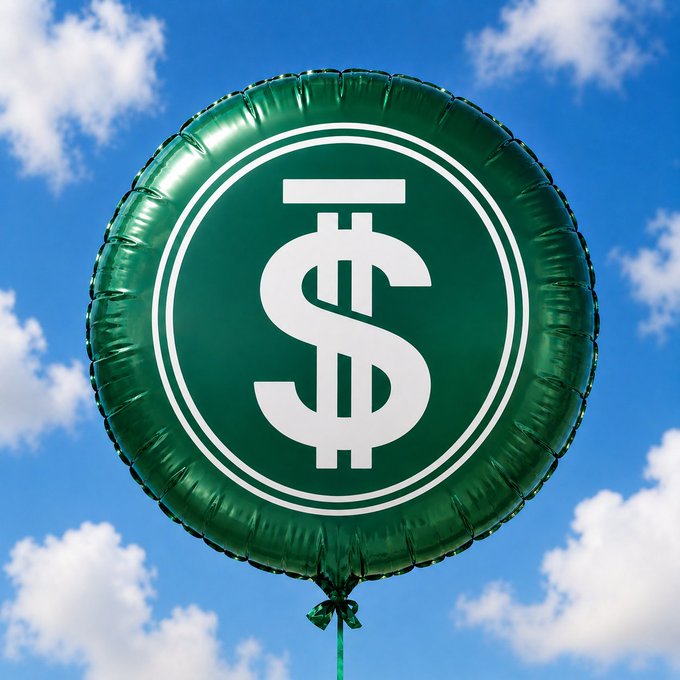 The image features a large green balloon with a white dollar sign printed on it, floating against a blue sky filled with clouds. The balloon appears to be floating in the air, possibly at an event or gathering where people are discussing the integration of sUSDD into Pendle. The balloon serves as a visual representation of the concept and can help convey its importance or novelty to those who see it.
