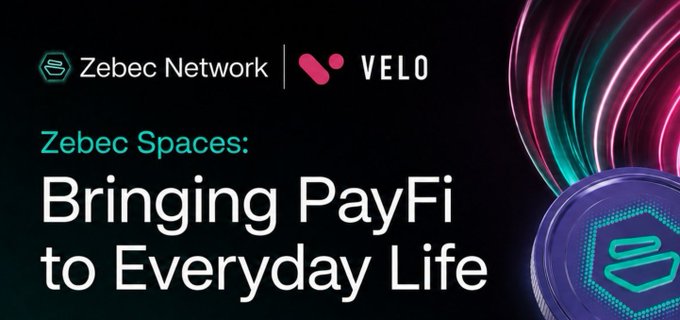 A promotional banner featuring Zebec Network and VELO logos at the top, alongside a stylized "Z" coin graphic with neon pink and teal light streaks. The text reads "Zebec Spaces: Bringing PayFi to Everyday Life," highlighting the partnership between $ZBCN and $VELO to promote real-world payment finance solutions.